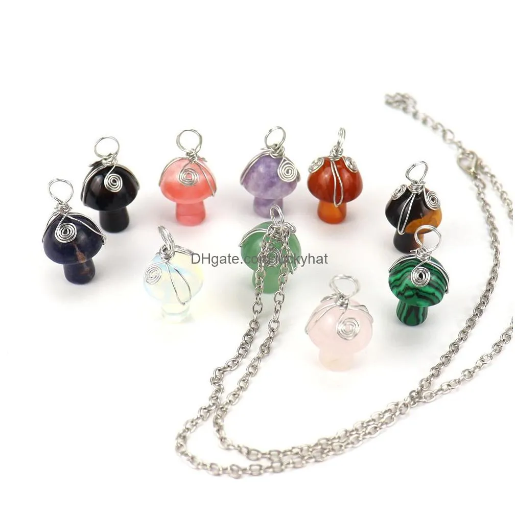 natural stone wire wrap carving 2cm mushroom pendant reiki healing crystal tiger eye quartz aventurines necklace for women jewelry