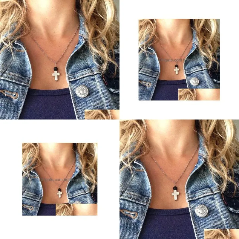 fashion silver gold color cross natural black lava stone necklace aromatherapy essential oil diffuser necklace for women jewelry