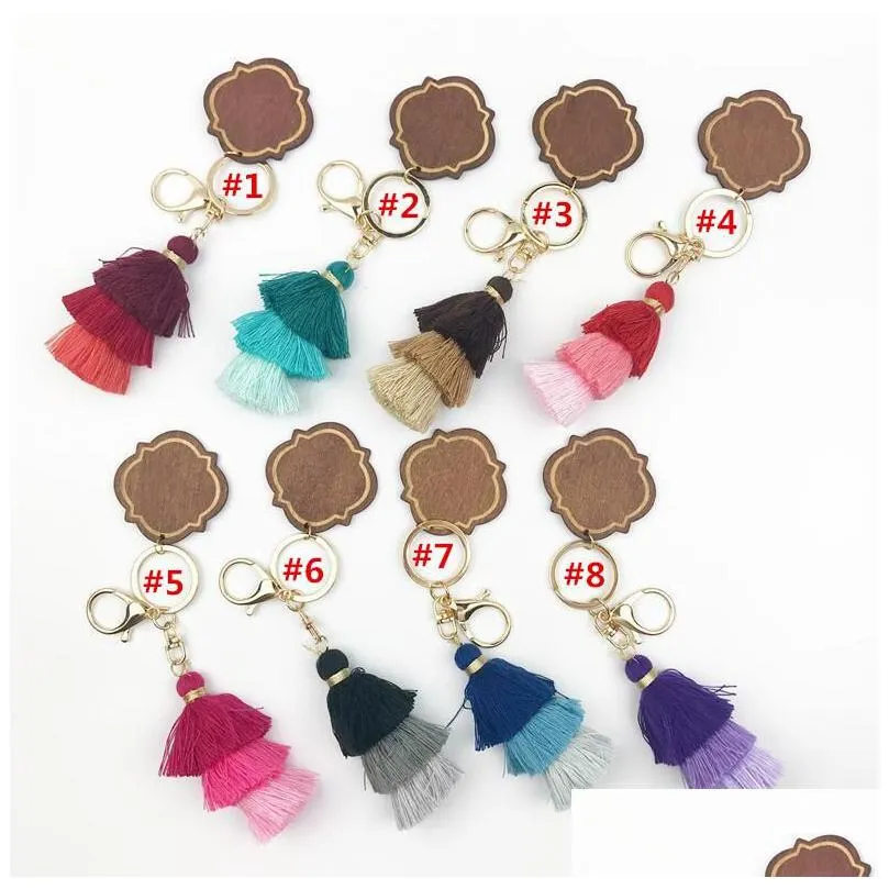 personalized wooden keychain party favor three-layer cotton tassel and chip pendant key ring multicolor wht0228