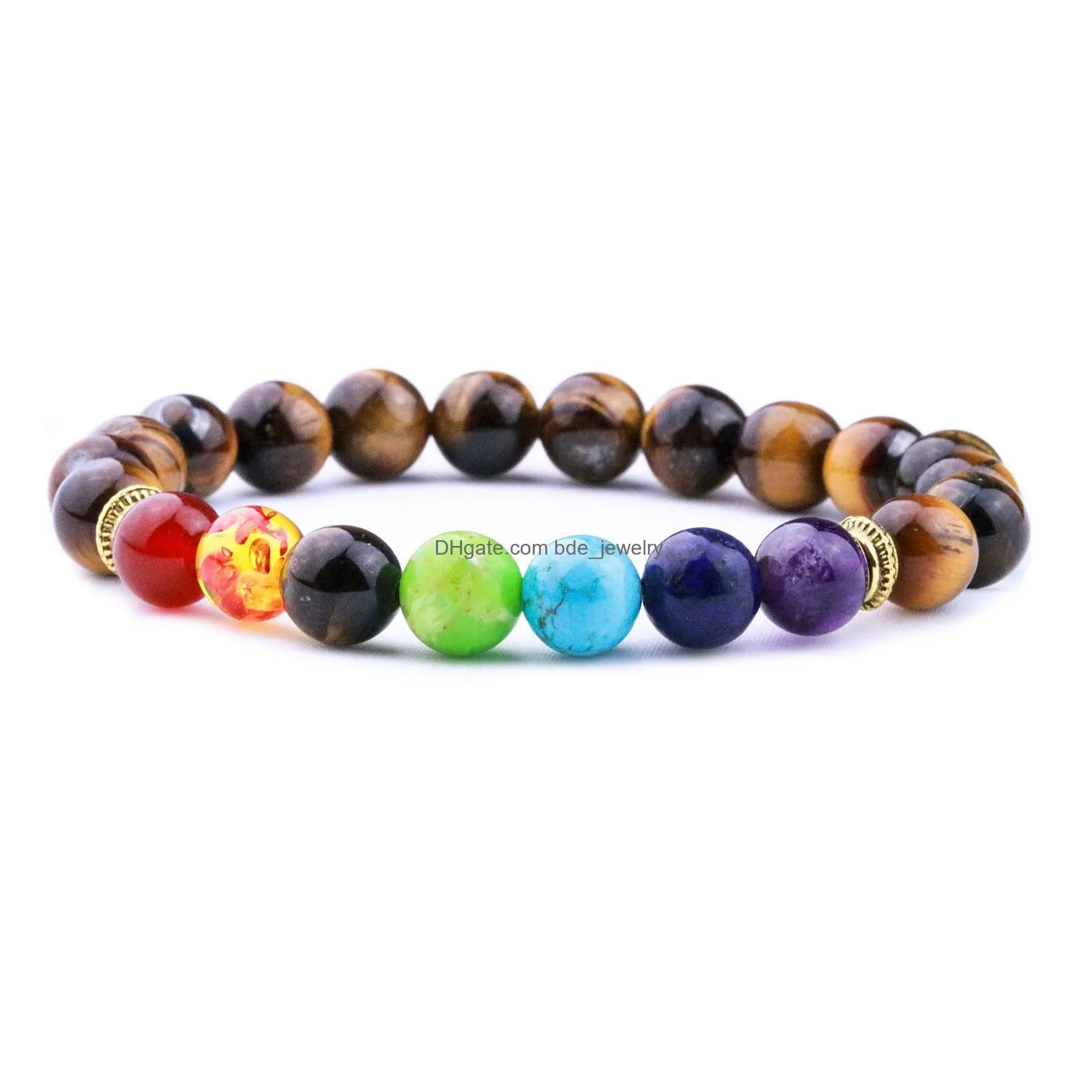 8mm natural stone tigers eye 7 chakras bead bracelets diy healing balance beads reiki bracelet for women men friend jewelry