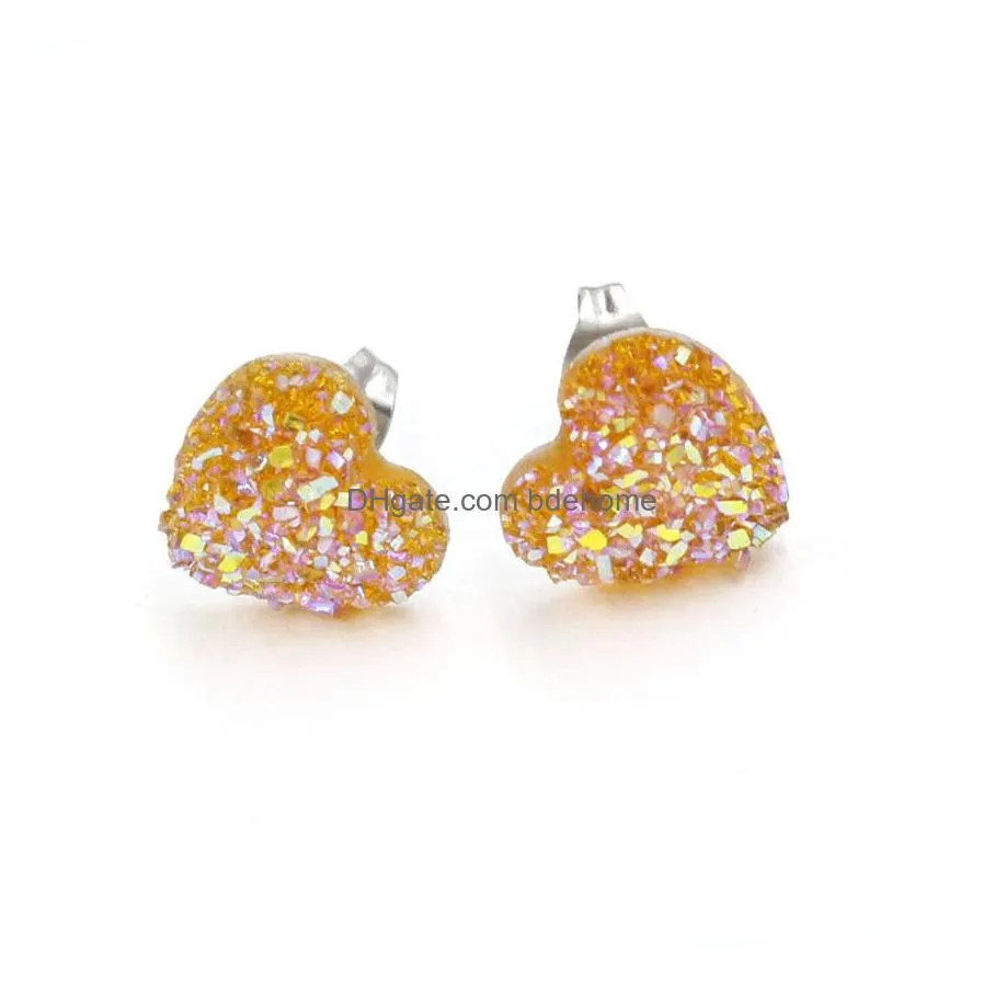 fashion heart 12mm resin druzy drusy earrings stainless steel earrings handmade stud for women jewelry