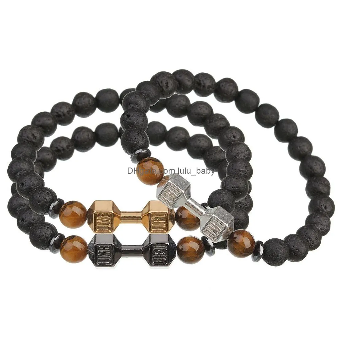 lava stone silver gold dumbbell tiger stone bead bracelet diy  oil diffuser bracelet for women men jewelry