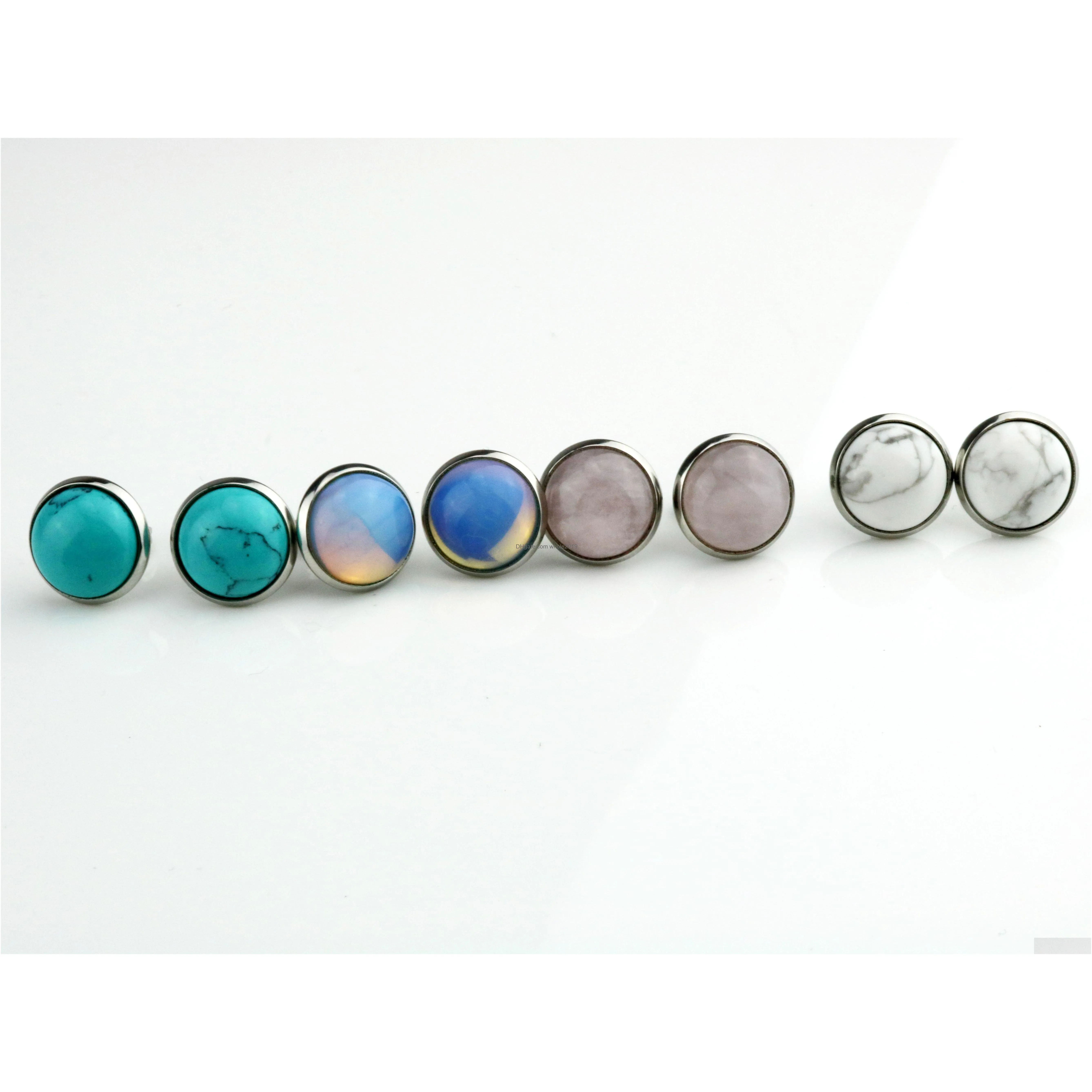 fashion round 12mm natural stone stud earrings turquoise stainless steel earrings handmade stud for women jewelry