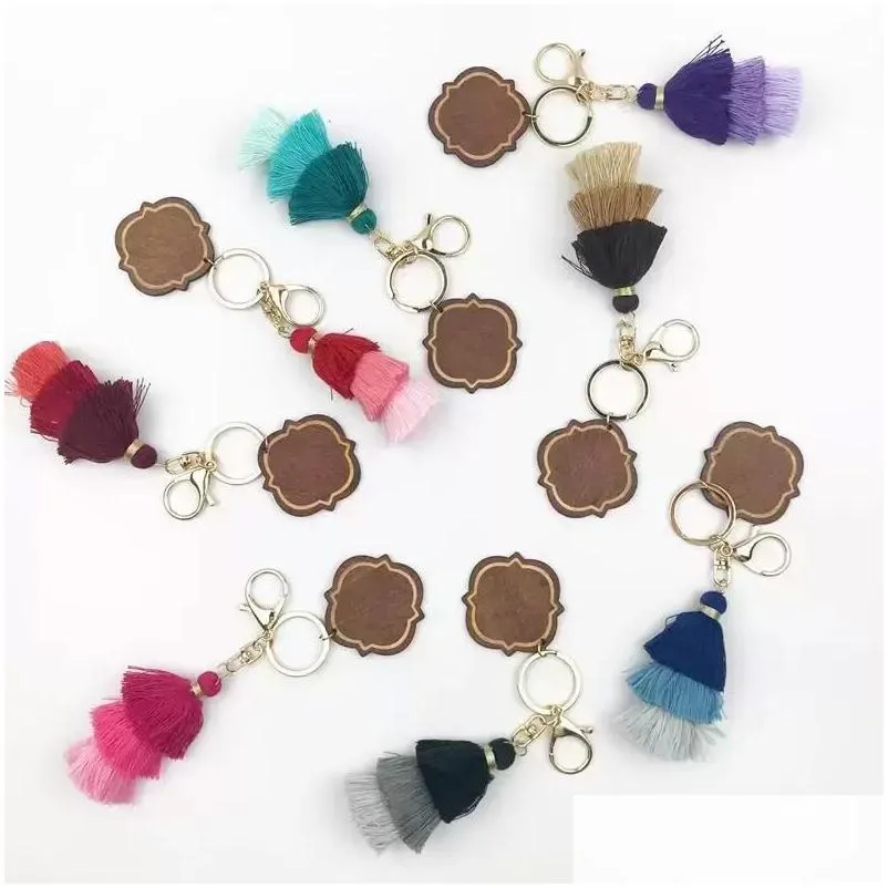 personalized wooden keychain party favor three-layer cotton tassel and chip pendant key ring multicolor fy3881