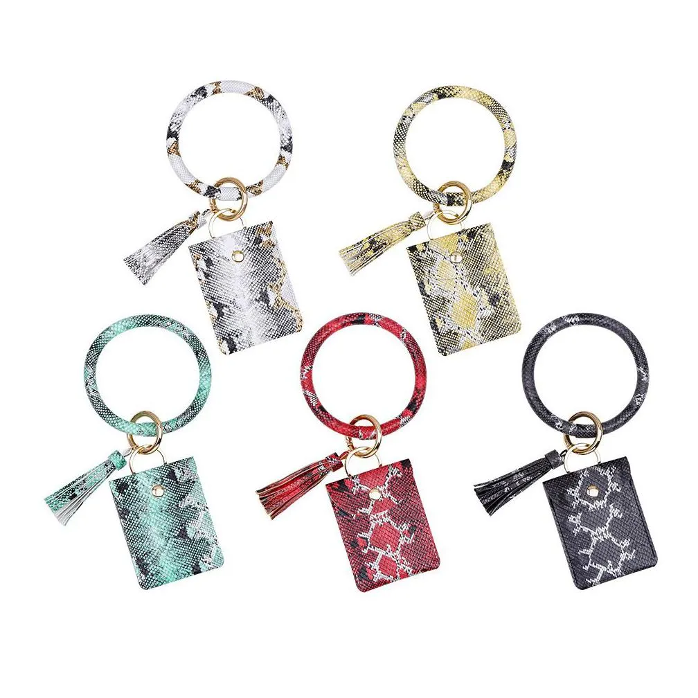 circle bangle wristlets wallet coin purses tassels keychain card holder bag women leopard pu leather bracelets key chain zero wallets