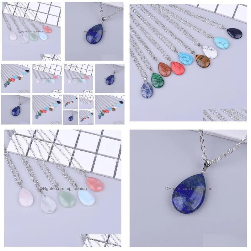 fashion women natural stone water drop shape turquoise opal druzy drusy pendant necklace with 50cm stainless steel chain