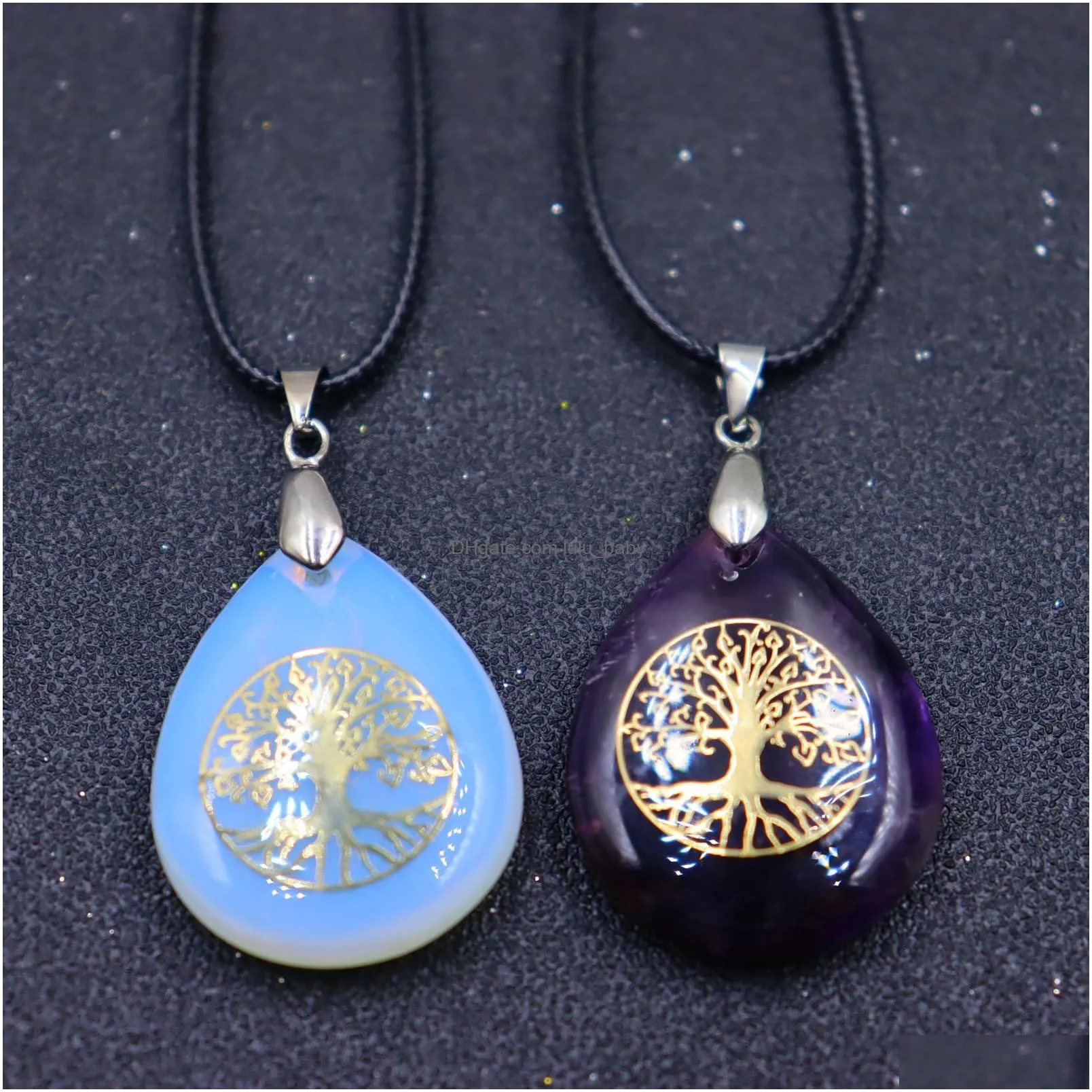 natural stone tree of life necklaces chakra reiki healing crystal teardrop tumbled gem stone pendant necklace jewelry