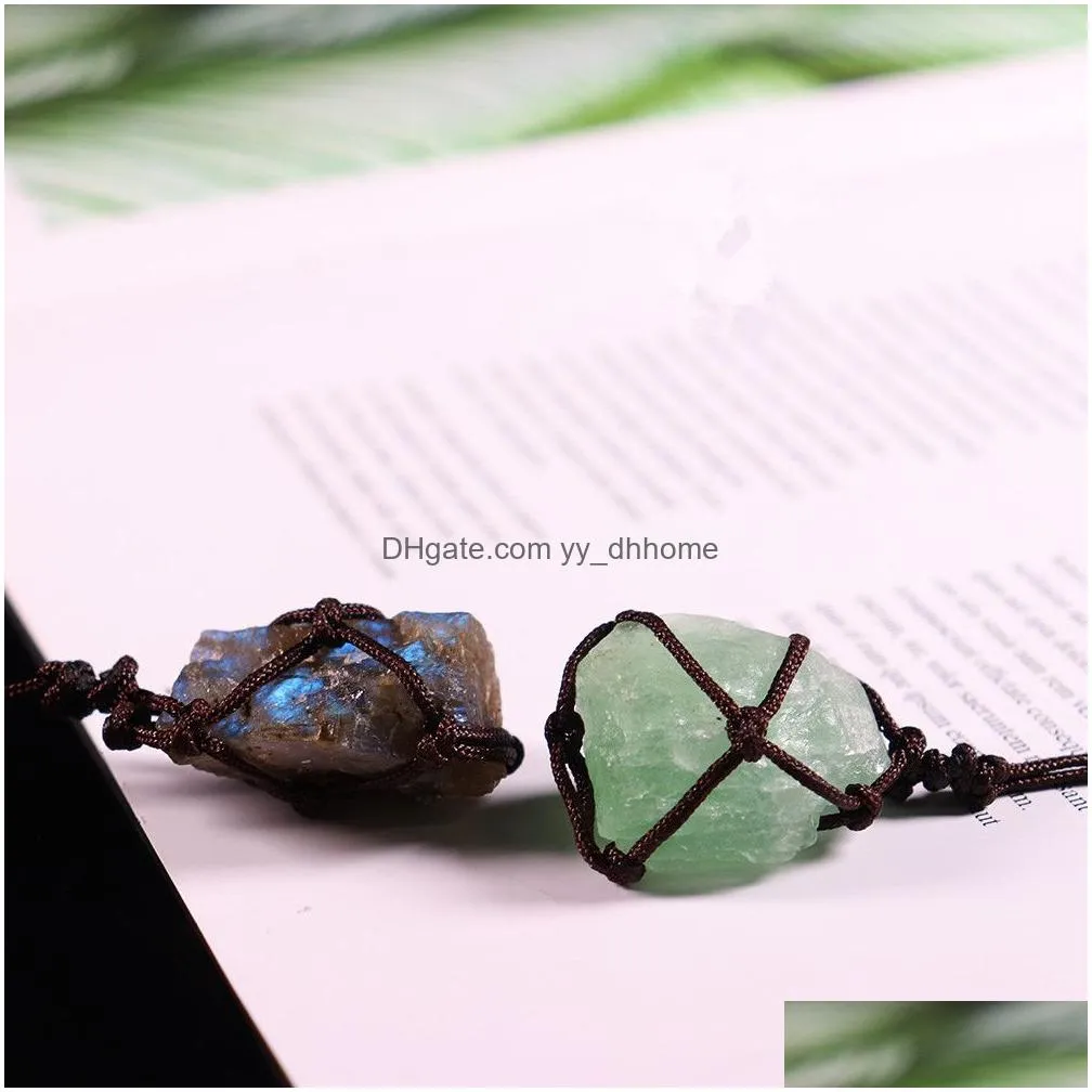 natural rough raw stone net bag necklaces rose quartz amethyst fluorite crystal pendant necklace for women men