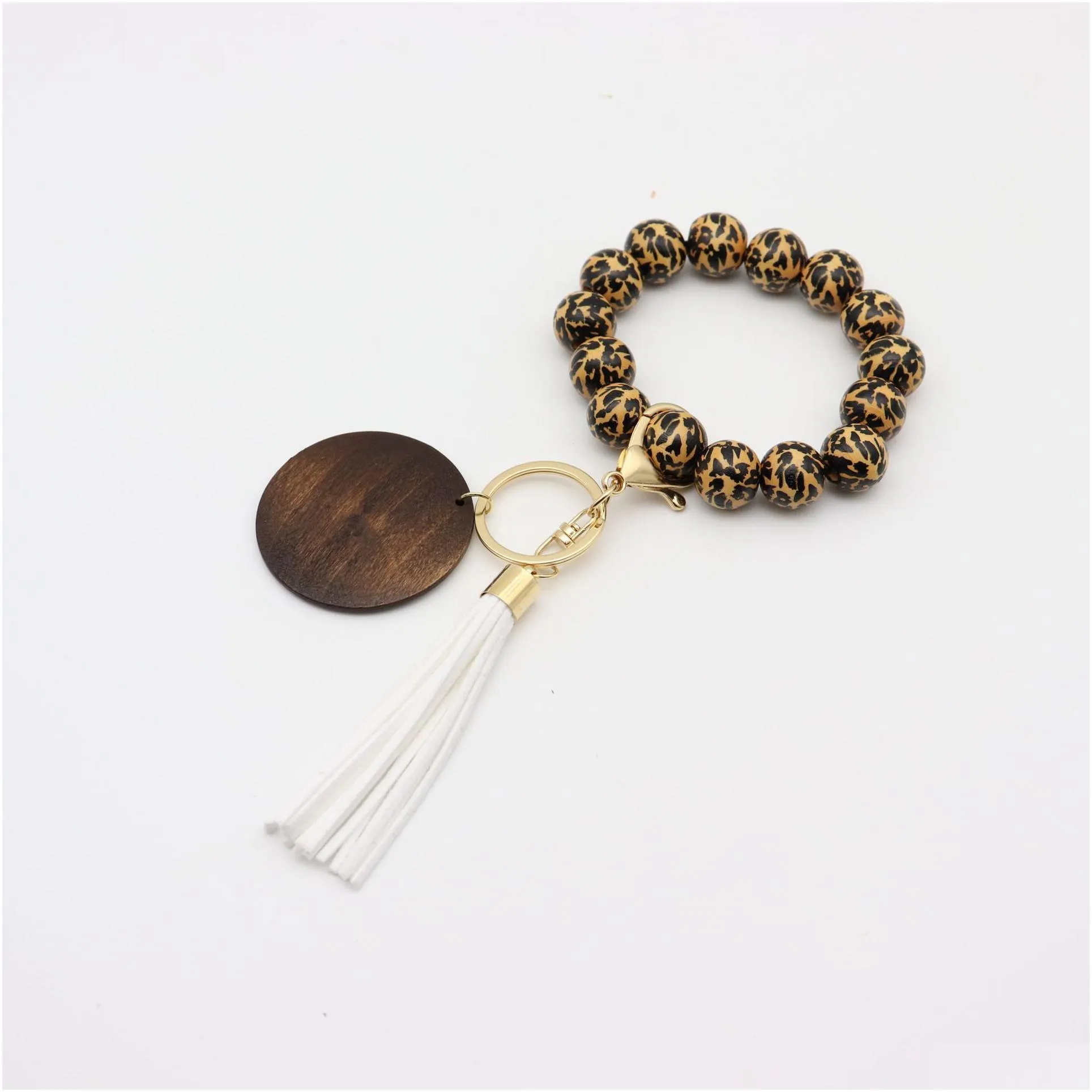 5 styles leopard wooden bracelet keychain with tassels diy woodwooden fiber pandent wood bead bangle key decorate fashion