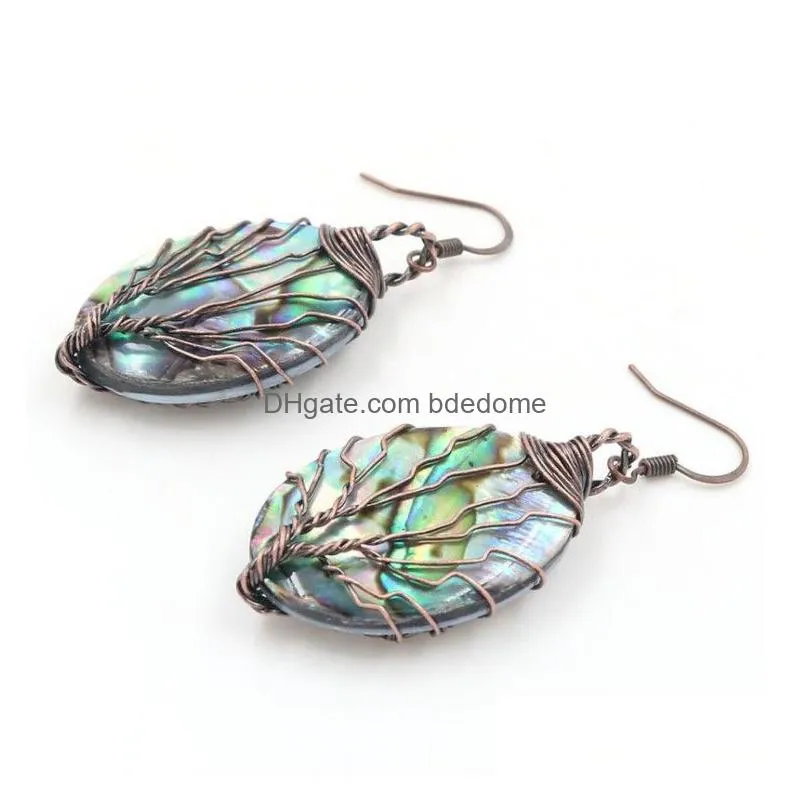 antique copper wire wrapped handmade tree of life dangle earrings with oval abalone paua shell 5 pairs