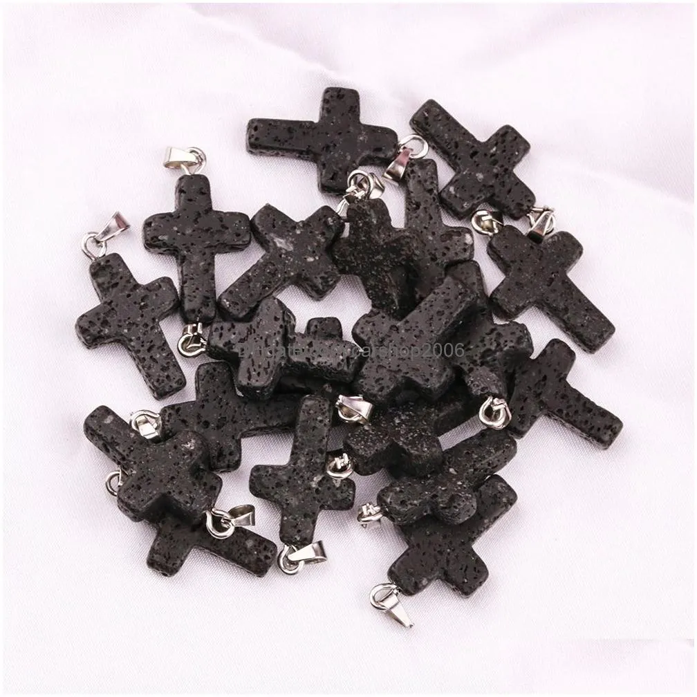 natural stone black lava stone cross charms aromatherapy  oil perfume diffuser pendant for diy necklace