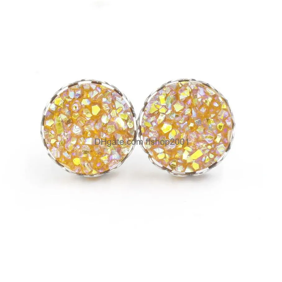 fashion round resin 12mm stainless steel druzy drusy crown earrings handmade stud for women jewelry