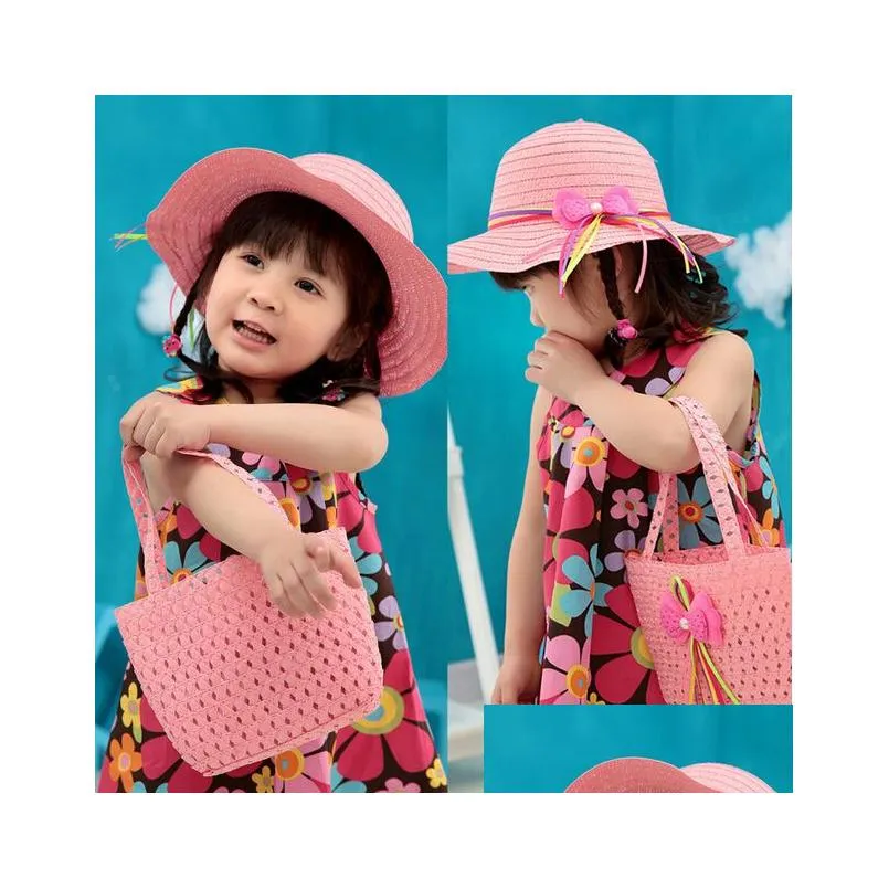 girls flower straw beach hatadd weave tote handbag bag sets baby summer straw sun hat kids children topee 9 colors mixed 