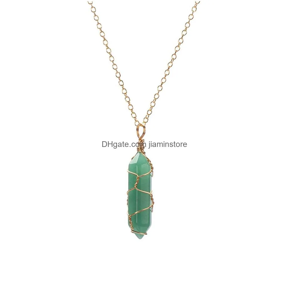 hexagonal cylindrical crystal necklace natural stone pendant wire wrap stone necklace for women men jewelry