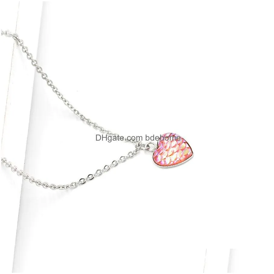 fashion 12mm druzy drusy necklace stainless steel heart love fish scale necklace iridescent shimmery mermaid scale necklace