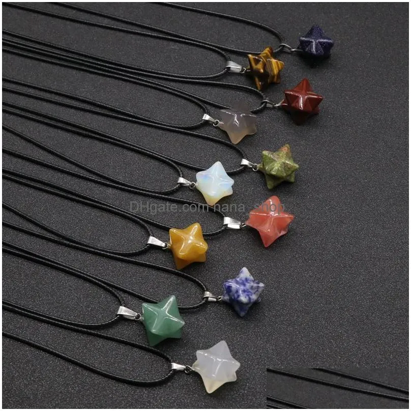 natural stone hexagram necklaces tigers eye opal pink quartz crystal chakra reiki healing pendulum necklace