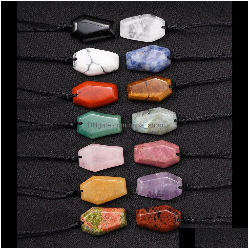 natural healing crystal coffin pendant pink obsidian quartz stones black rope necklace fengshui crafts jewelry gift