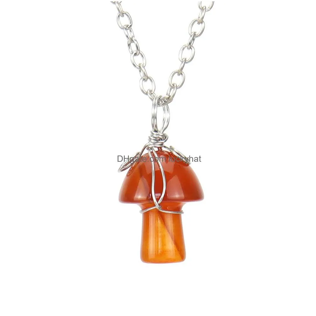 natural stone wire wrap carving 2cm mushroom pendant reiki healing crystal tiger eye quartz aventurines necklace for women jewelry