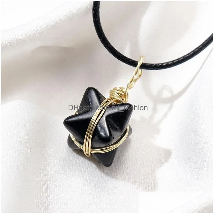 natural stone wire winding merkabah hexagram necklace crystal quartz star pendant necklaces for women jewelry gift