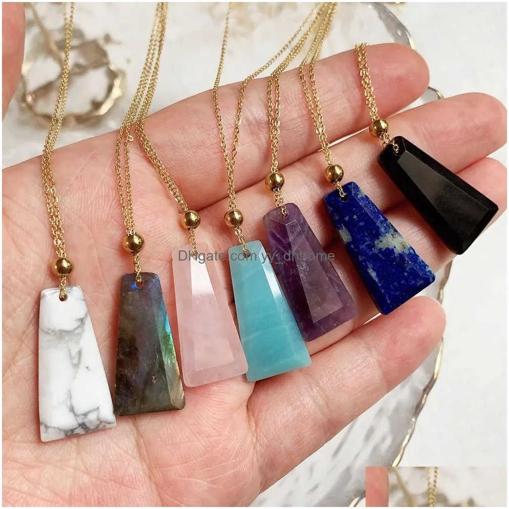 natural crystal stone pendant necklace gometric charm labradorite amethyst pink quartz crystal necklaces for women jewerly