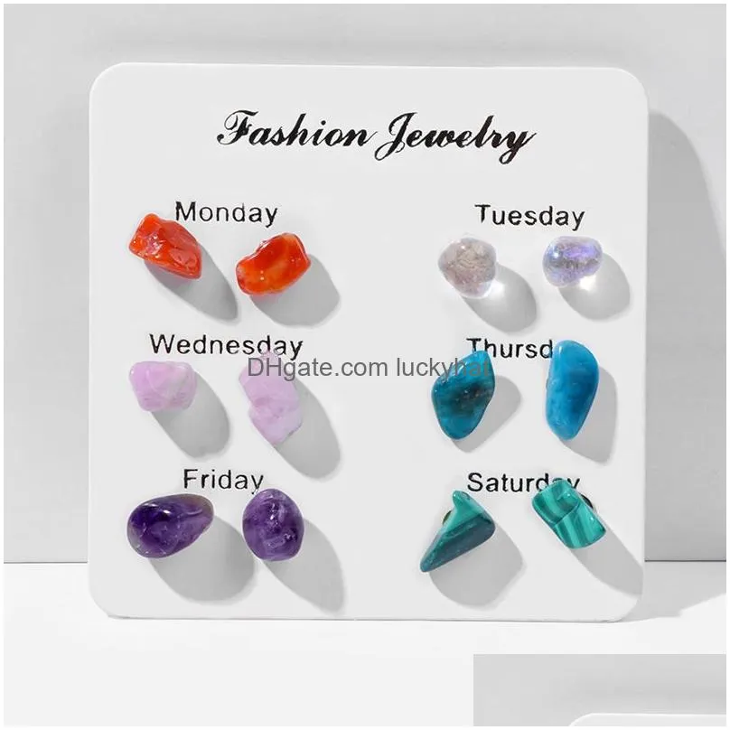 6pairs/set fashion women raw natural crystal stone stud earrings set girl rose quartz jades jaspers earrings
