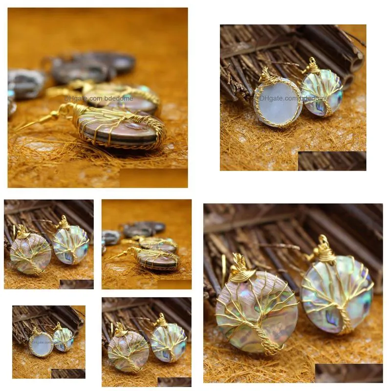 tree of life earring dangle golden wire wrapped round abalone paua shell organic cabochon 5 pairs