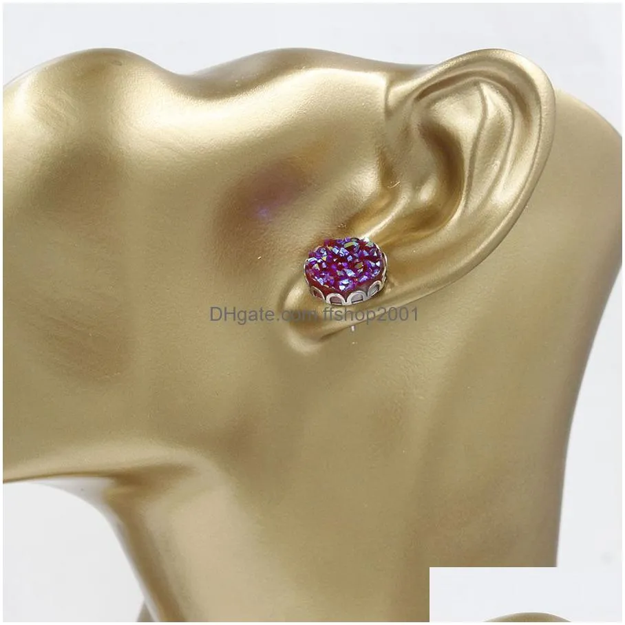 fashion round resin 12mm stainless steel druzy drusy crown earrings handmade stud for women jewelry