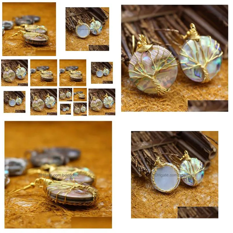 tree of life earring dangle golden wire wrapped round abalone paua shell organic cabochon 5 pairs