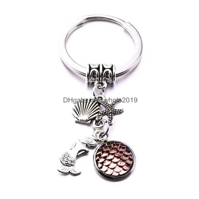 fashion drusy druzy key rings colouful mermaid scale shell starfish pendant keychain fish scale shimmery key chain for women