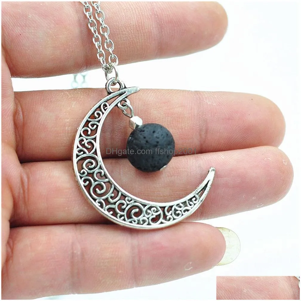 fashion 14mm lava stone moon necklace volcanic rock aromatherapy essential oil diffuser necklace for women jewelry