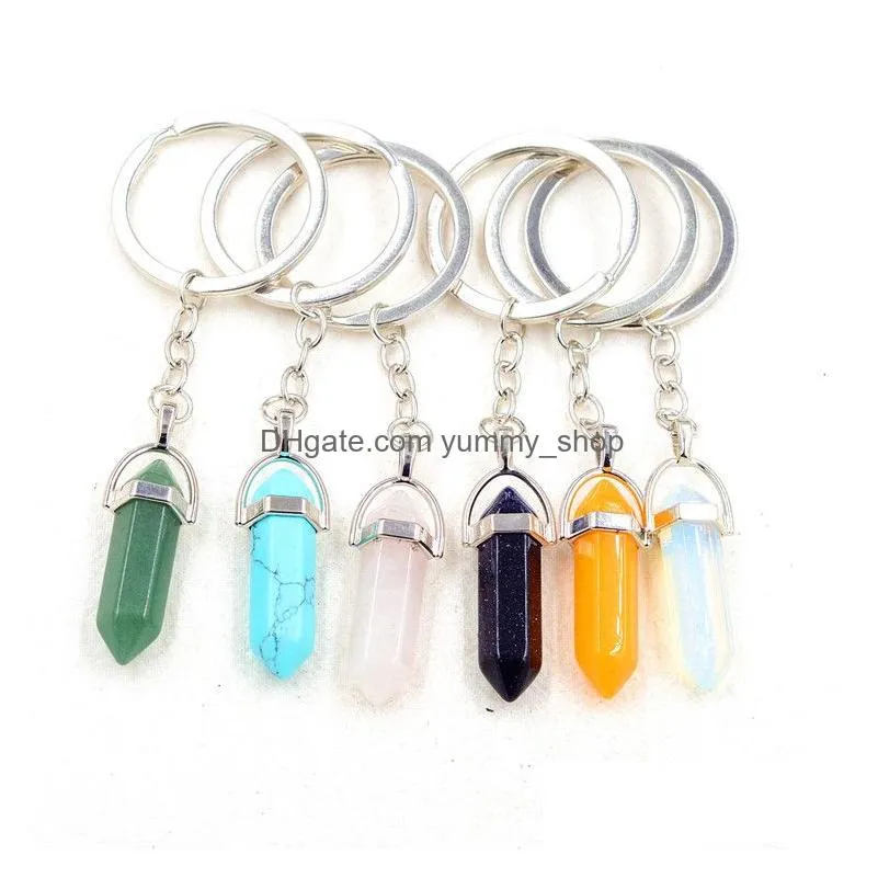 natural stone hexagonal prism keychain amethyst rose quartz tigers eye opal crystal key ring key chain keyring