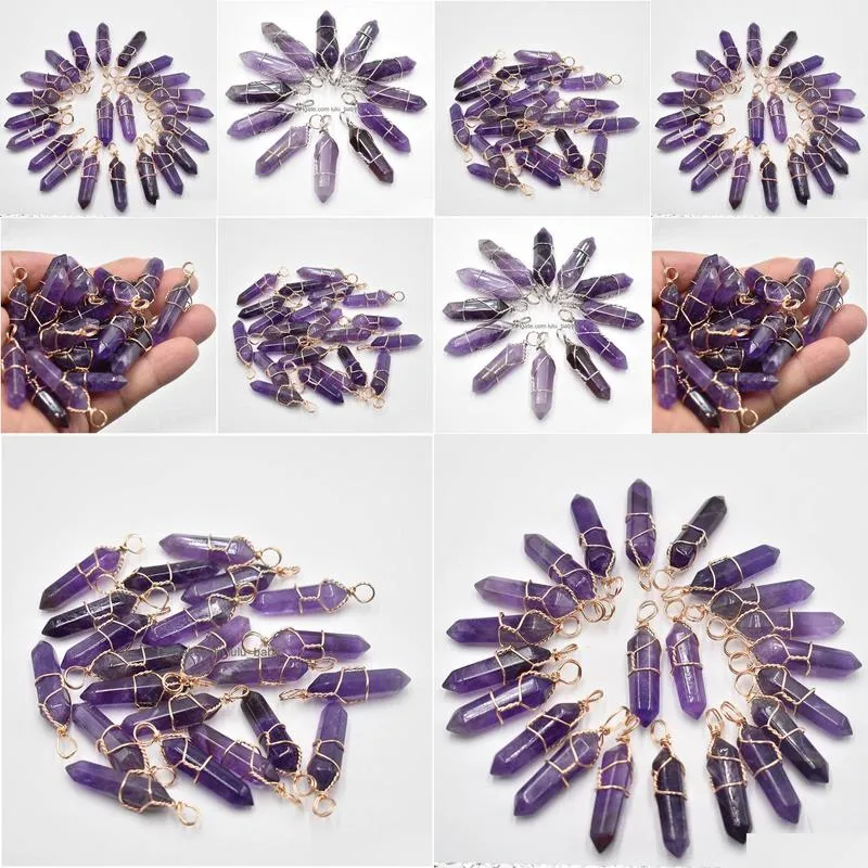 natural amethysts stone pillar shape point handmade iron wire pendants for necklace earrings jewelry making