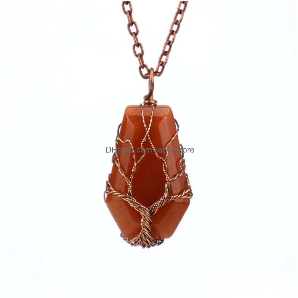 wire wrapped coffin fortune tree of life pendant necklace natural stone pink quartz healing crystal tiger eye amethyst necklaces women