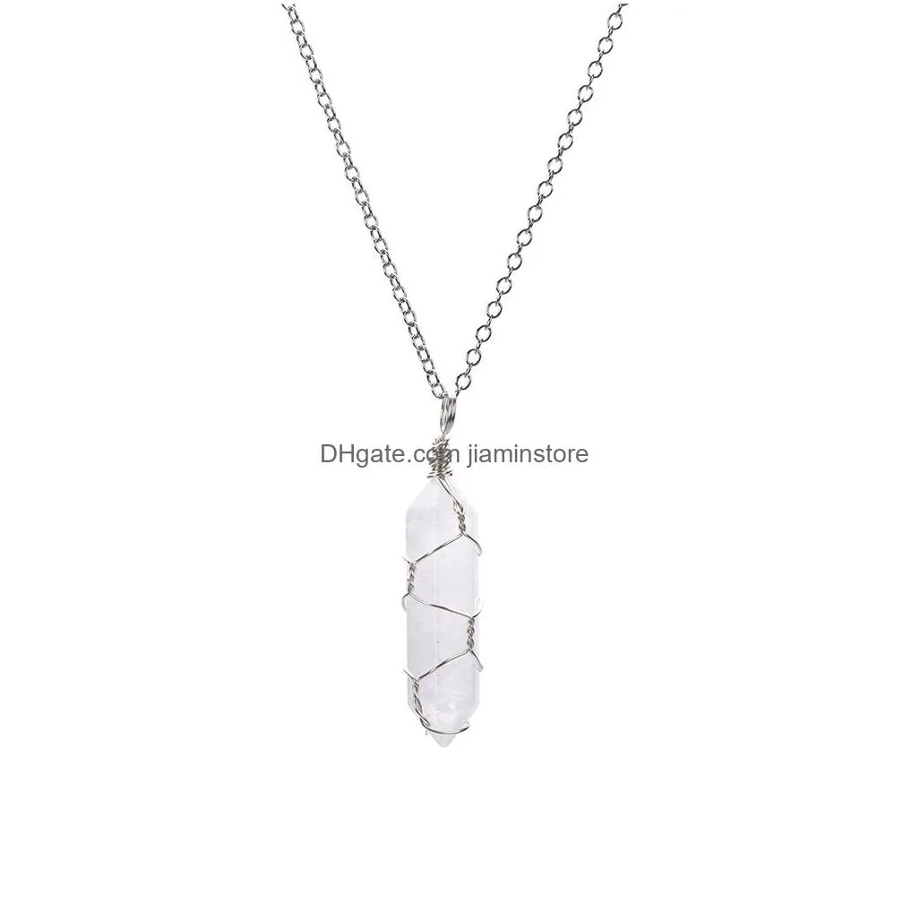 hexagonal cylindrical crystal necklace natural stone pendant wire wrap stone necklace for women men jewelry