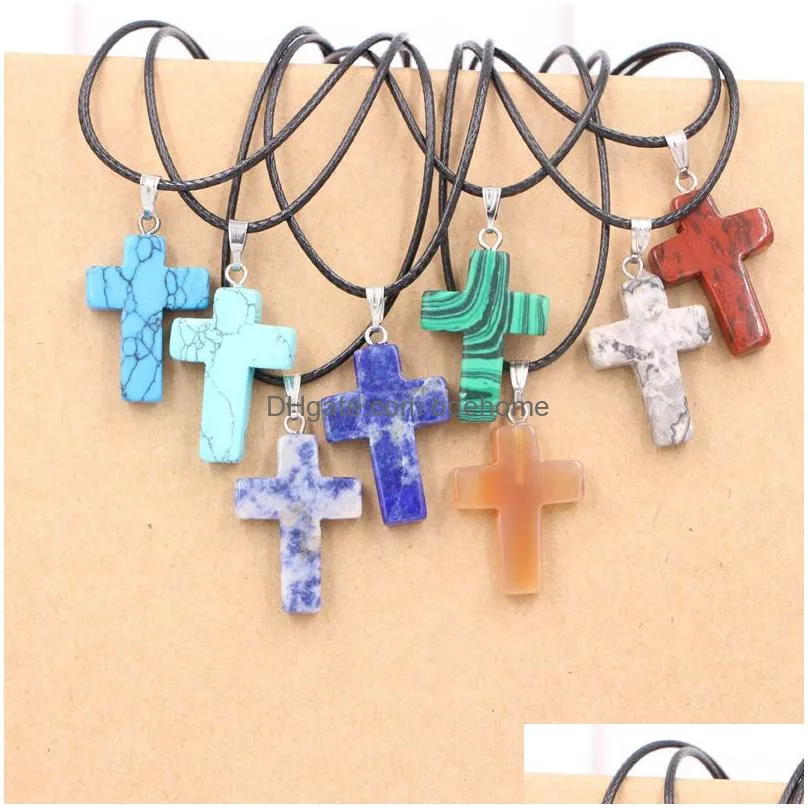 fashion opal turquoise natural stone druzy cross necklaces jewelry with leather chain necklace