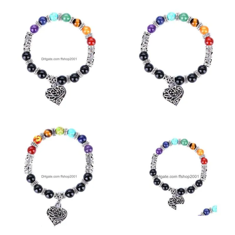 fashion 7 chakra heart bracelet 8mm beads colorful stone reiki buddha prayer natural stone yoga bracelet for women men