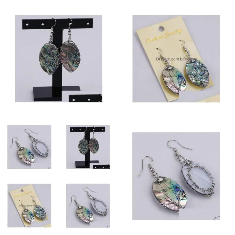 tree of life earring dangle silvery wire wrapped oval abalone paua shell organic cabochon 5 pairs