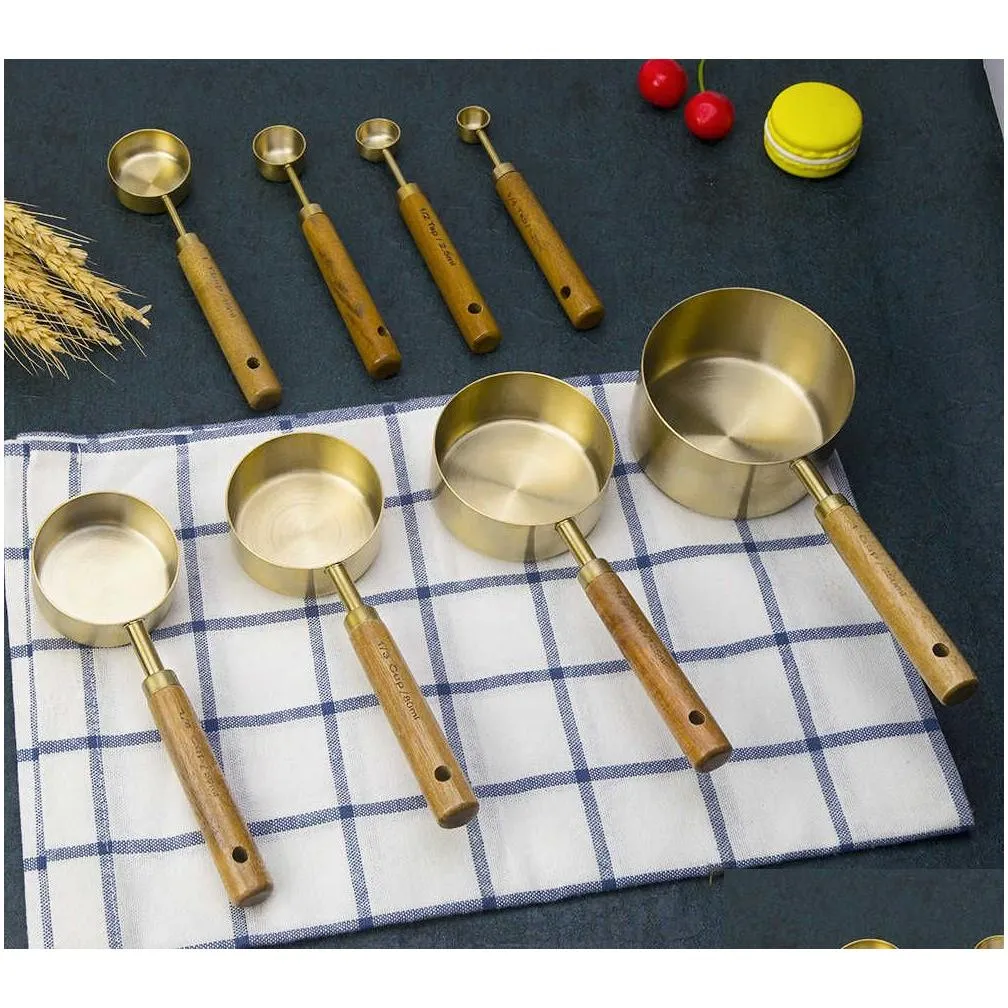 measuring tools cross-border piece set acacia wood measuring cup measuring spoon rose gold acacia wood measuring r230704