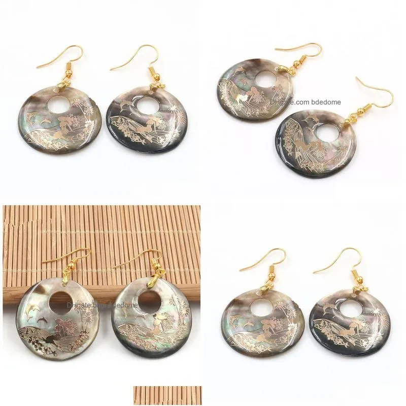 round printed mermaid charm hook earrings natural black shell with gold foil womens jewelry 5 pairs