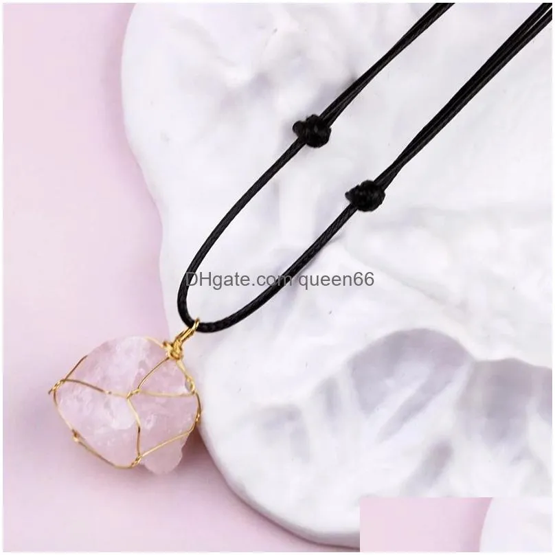 natural raw stone necklace amethyst rose quartz fluorite citrine crystal pendant woven adjustable necklaces men women jewelry gift