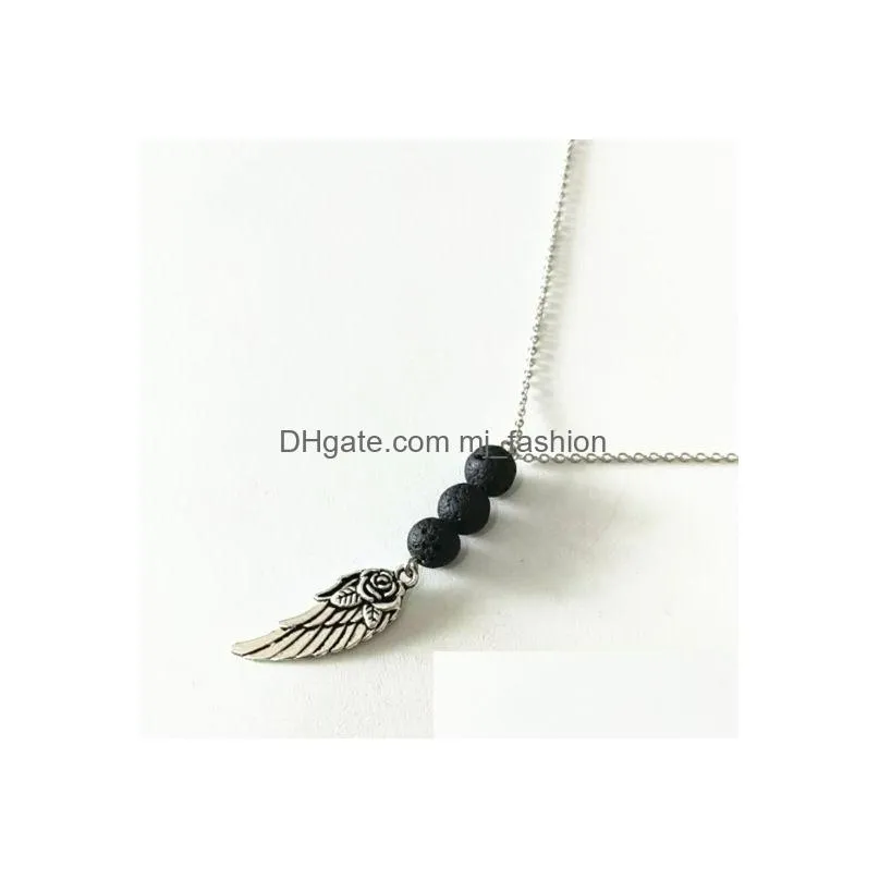 fashion silver plated angel wings lava stone necklace volcanic rock aromatherapy  oil diffuser necklace for women jewelry