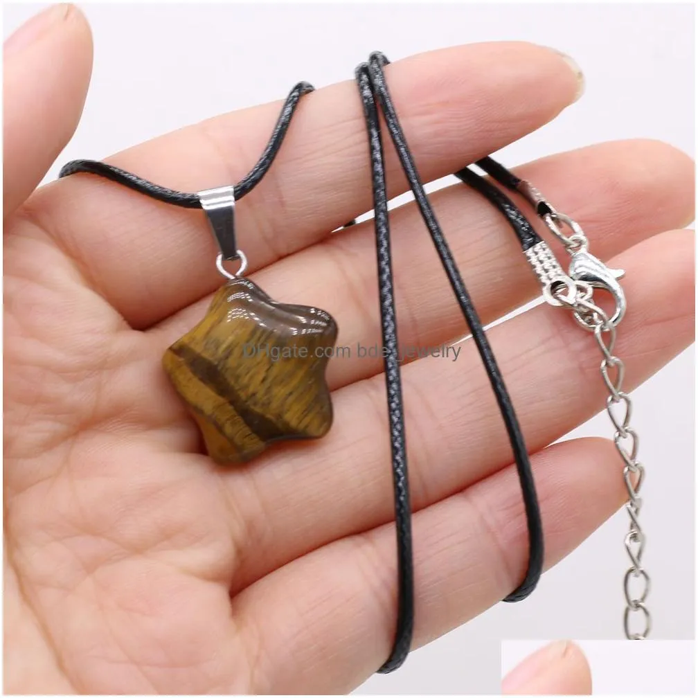natural five-pointed star shape agates tiger eye clear quartzs stone pendant necklace for women jewelry
