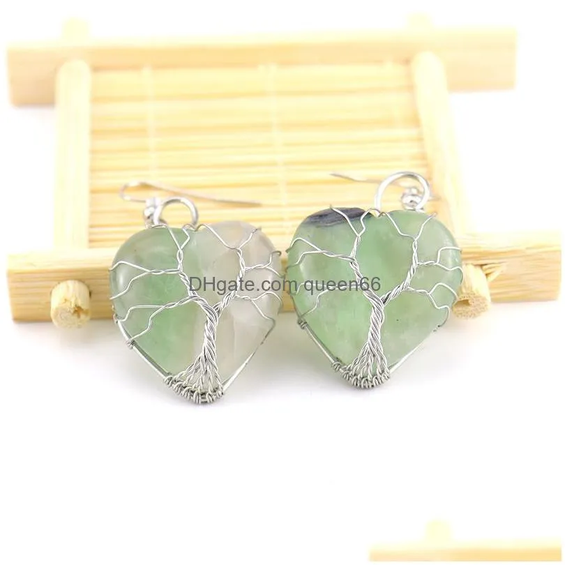 natural stone wire wrap 30mm heart tree of life dangle earrings reiki healing crystals rose quartz earrings for women jewelry