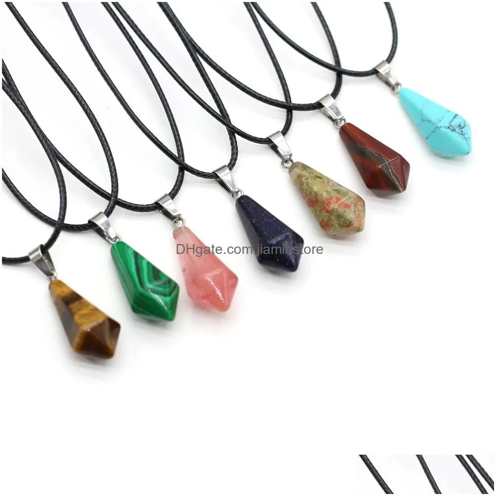 natural stone tiger eye stone turquoise opal pendant necklaces for women reiki heal crystal pendulum charms leather rope necklace