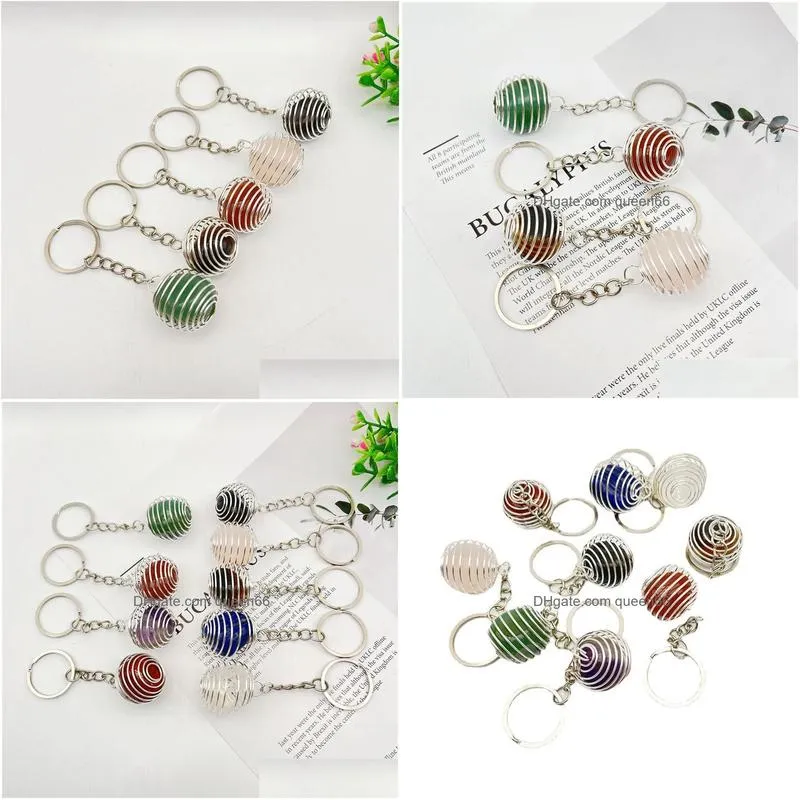 natural raw ore stone keychain key rings crystal quartz copper wire winding spring women men car holder keyring jewelry