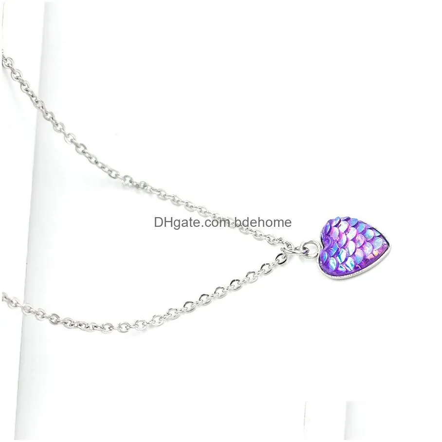 fashion 12mm druzy drusy necklace stainless steel heart love fish scale necklace iridescent shimmery mermaid scale necklace