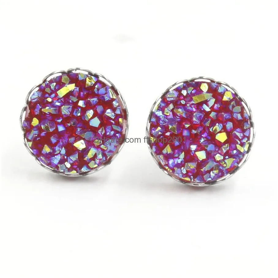 fashion round resin 12mm stainless steel druzy drusy crown earrings handmade stud for women jewelry