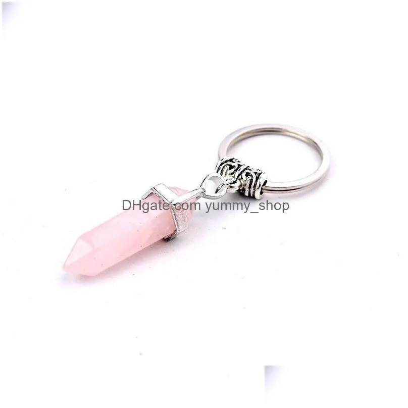 natural stone hexagonal prism key ring keychain rose quartz tigers eye opal crystal key chain keyring