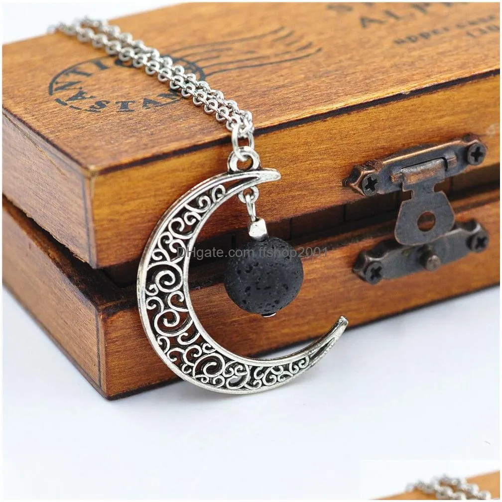 fashion 14mm lava stone moon necklace volcanic rock aromatherapy essential oil diffuser necklace for women jewelry