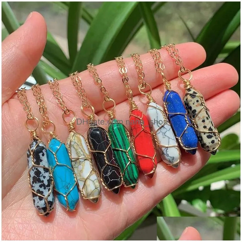 natural stone crystal necklace wire wrap multicolor quartz purple amethysts bullet point hexagonal pendulum reiki chakra necklaces